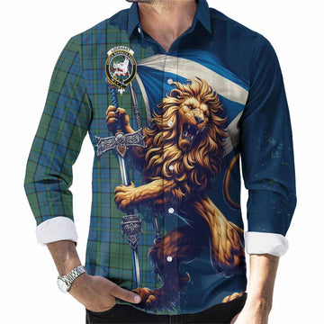 Lockhart Tartan Family Crest Long Sleeve Button Shirt with Scottish Majestic Lion Men's Shirt S - Tartan Vibes Clothing
