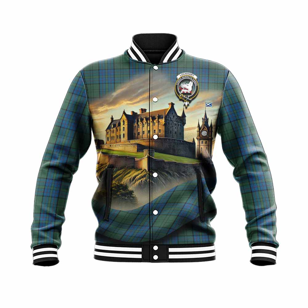 Lockhart Tartan Family Crest Baseball Jacket with Scottish Ancient Castle Style Unisex - Tartan Vibes Clothing