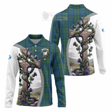 Lockhart Tartan Long Sleeve Polo Shirt with Family Crest and St. Andrew's Cross Accented by Thistle Vines Unisex - Tartan Vibes Clothing