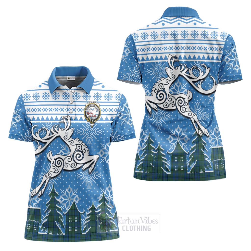Lockhart Clan Christmas Women's Polo Shirt Celtic Reindeer Style Women - Tartan Vibes Clothing
