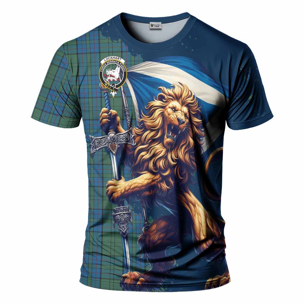 Tartan Vibes Clothing Lockhart Tartan Family Crest T-Shirt with Scottish Majestic Lion