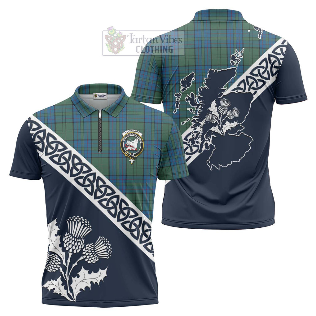 Lockhart Tartan Zipper Polo Shirt Featuring Thistle and Scotland Map Unisex - Tartanvibesclothing Store