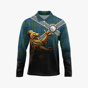 Lockhart Crest Tartan Long Sleeve Polo Shirt with Golden Lion Emblem Celtic Style Unisex - Tartan Vibes Clothing