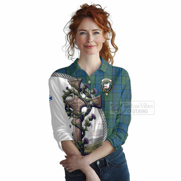 Lockhart Tartan Women's Casual Shirt with Family Crest and St. Andrew's Cross Accented by Thistle Vines Female - Tartan Vibes Clothing