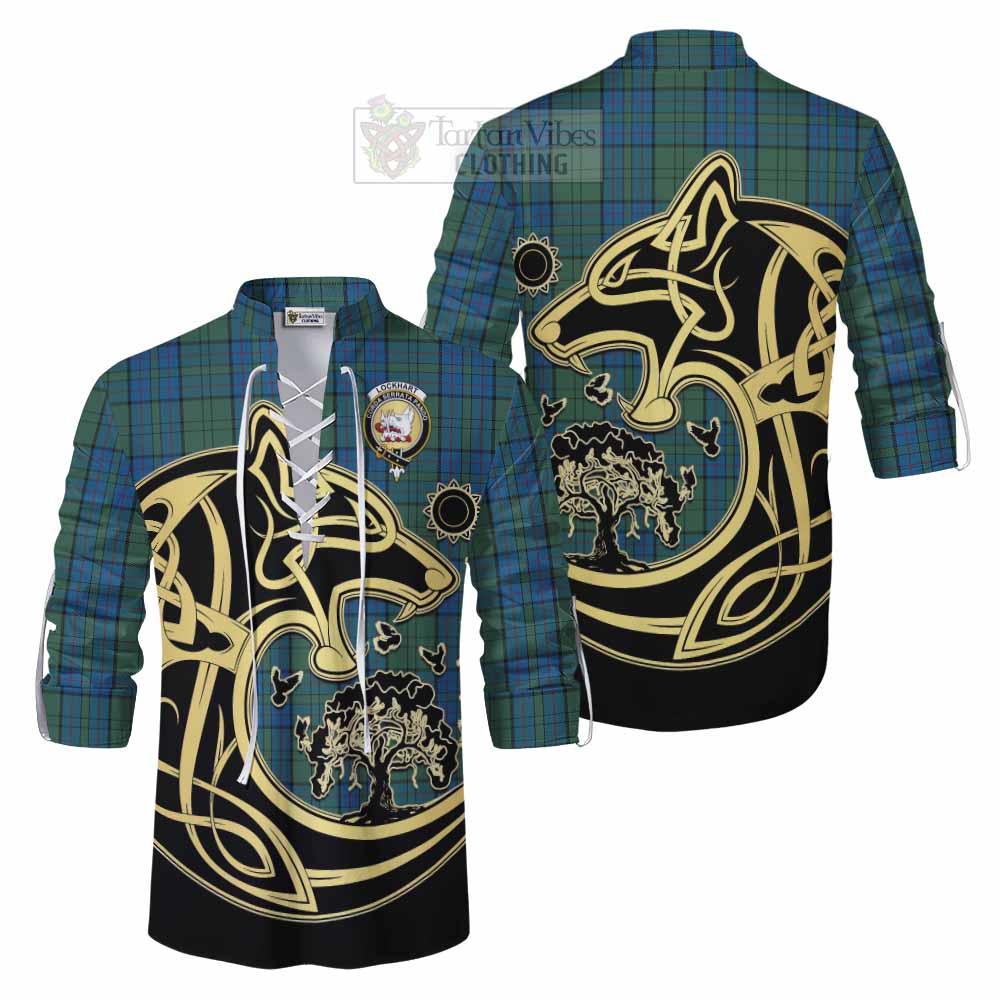 Lockhart Tartan Ghillie Kilt Shirt with Family Crest Celtic Wolf Style Men - Tartan Vibes Clothing