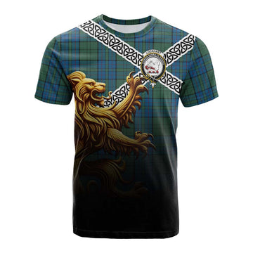 Lockhart Crest Tartan Cotton T-shirt with Golden Lion Emblem Celtic Style