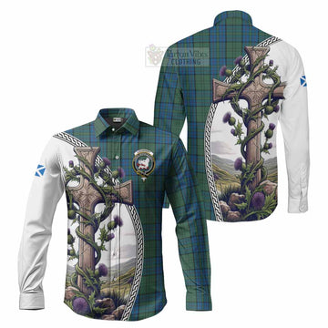 Lockhart Tartan Long Sleeve Button Shirt with Family Crest and St. Andrew's Cross Accented by Thistle Vines Men's Shirt S - Tartan Vibes Clothing