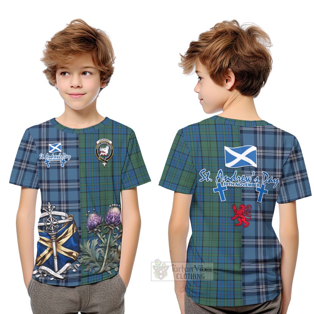 Lockhart Tartan Kid T-Shirt Happy St. Andrew's Day Half Tartan Style Youth XL Size14 - Tartan Vibes Clothing