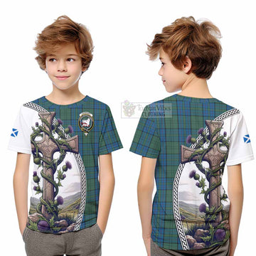 Lockhart Tartan Kid T-Shirt with Family Crest and St. Andrew's Cross Accented by Thistle Vines Youth XL Size14 - Tartan Vibes Clothing