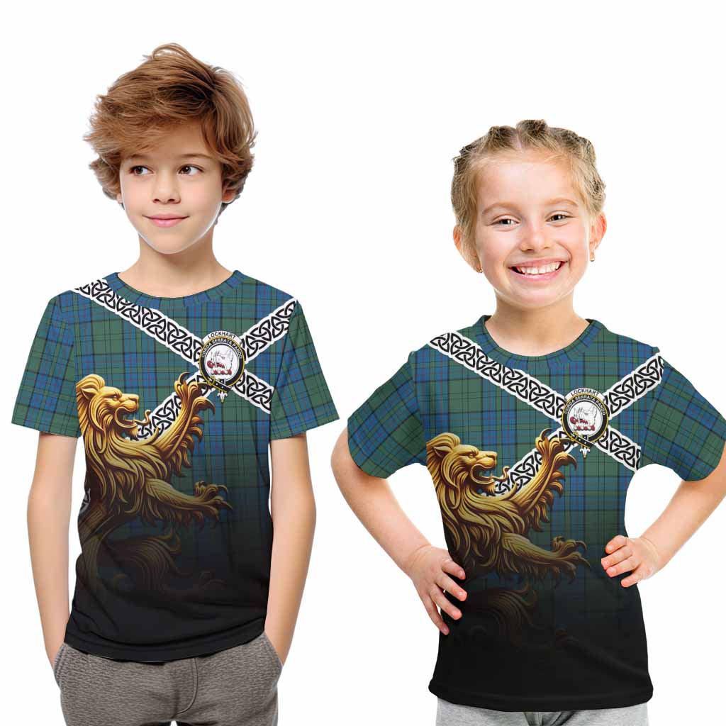 Lockhart Crest Tartan Kid T-Shirt with Golden Lion Emblem Celtic Style Youth XL Size14 - Tartan Vibes Clothing