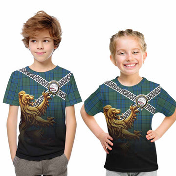 Lockhart Crest Tartan Kid T-Shirt with Golden Lion Emblem Celtic Style Youth XL Size14 - Tartan Vibes Clothing