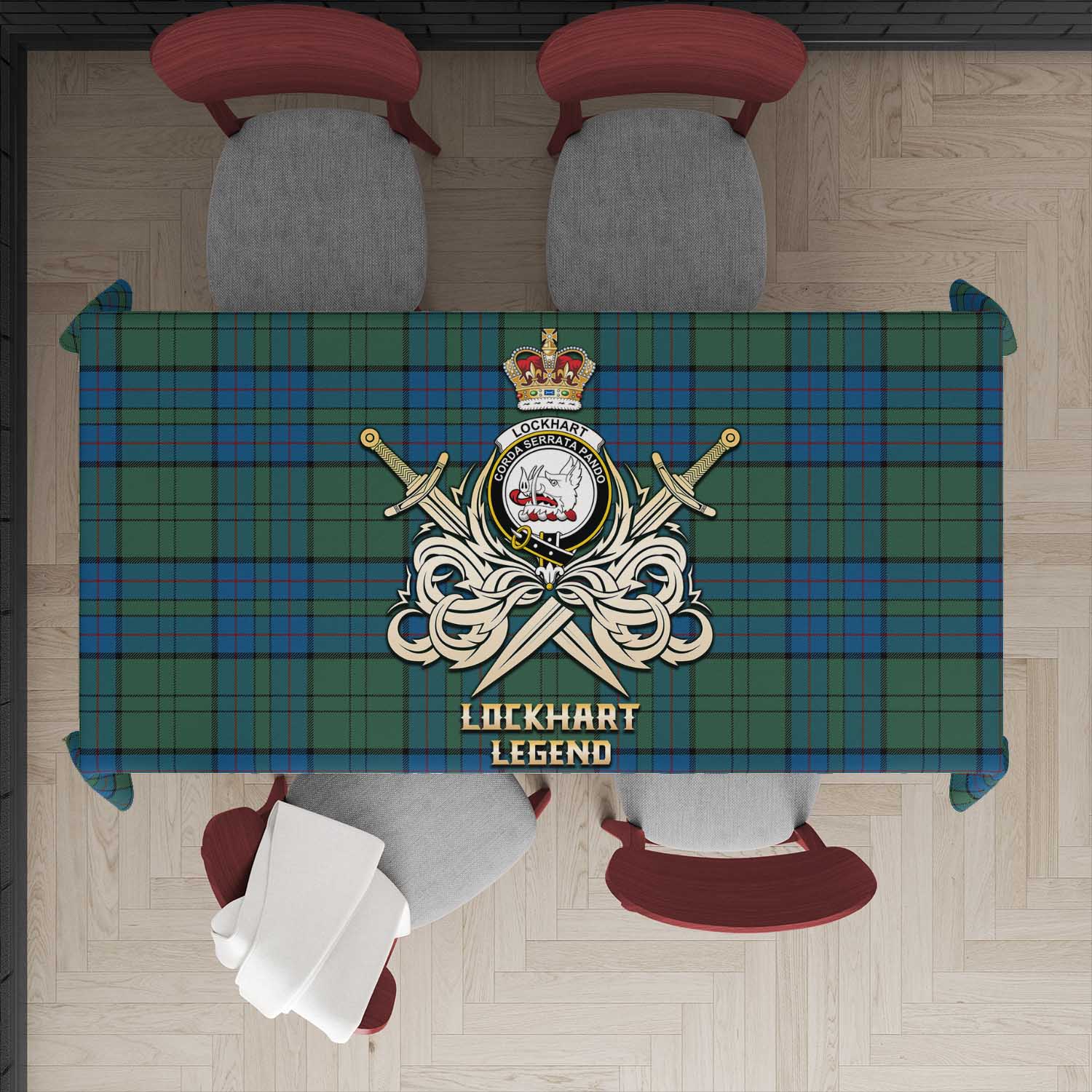 Lockhart Tartan Tablecloth with Clan Crest and the Golden Sword of Courageous Legacy - Tartan Vibes Clothing