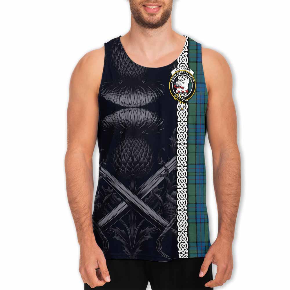 Lockhart Tartan Men's Tank Top with Family Crest Cross Sword Thistle Celtic Vibes Men - Tartan Vibes Clothing