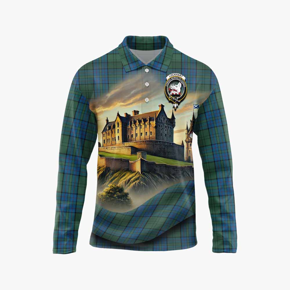 Lockhart Tartan Family Crest Long Sleeve Polo Shirt with Scottish Ancient Castle Style Unisex - Tartan Vibes Clothing