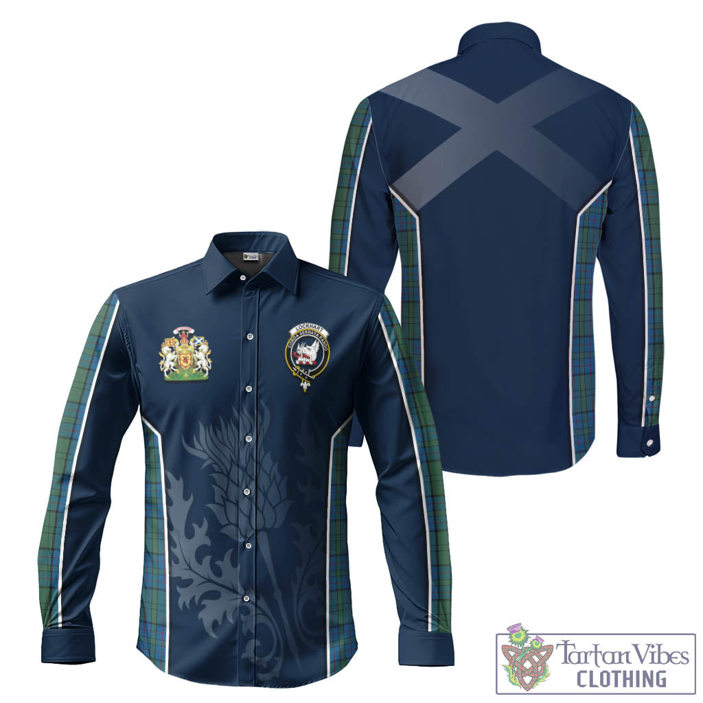 Lockhart Tartan Long Sleeve Button Up Shirt with Family Crest and Scottish Thistle Vibes Sport Style Men's Shirt - Tartan Vibes Clothing