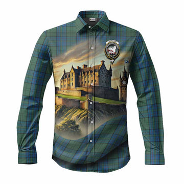 Tartan Vibes Clothing Lockhart Tartan Family Crest Long Sleeve Button Shirt with Scottish Ancient Castle Style