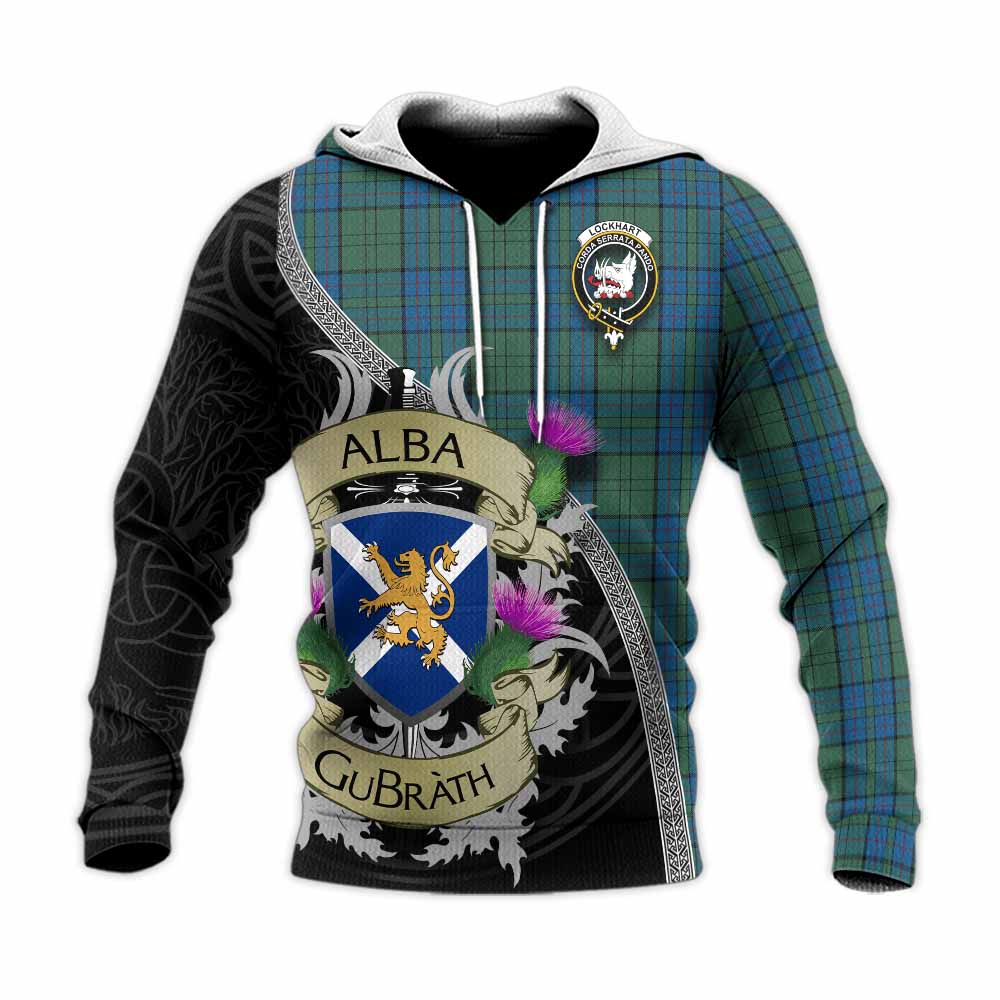Lockhart Tartan Family Crest Knitted Hoodie Lion Rampant Royal Thistle Shield Celtic Inspired Unisex Knitted Pullover Hoodie - Tartan Vibes Clothing