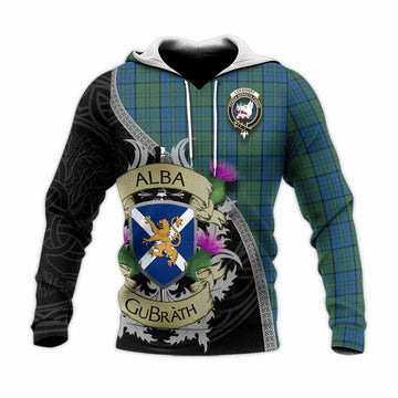 Lockhart Tartan Family Crest Knitted Hoodie Lion Rampant Royal Thistle Shield Celtic Inspired Unisex Knitted Pullover Hoodie - Tartan Vibes Clothing
