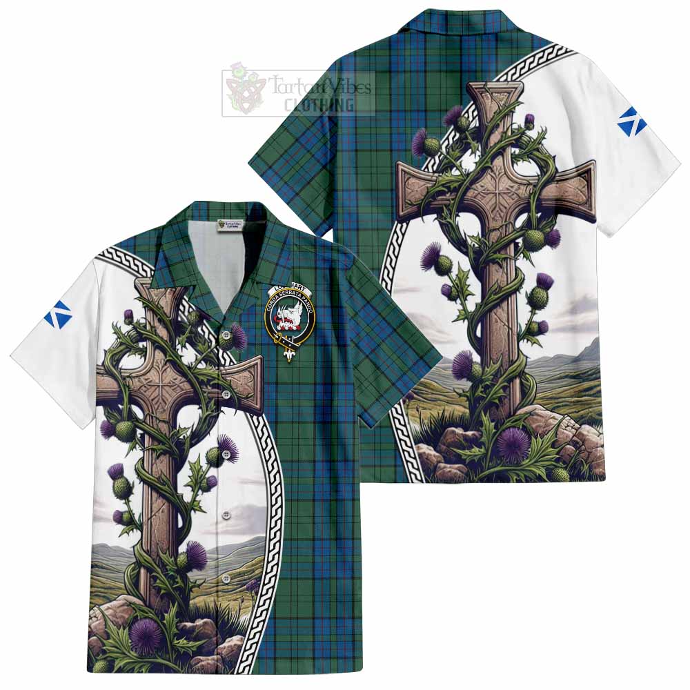Lockhart Tartan Hawaiian Shirt with Family Crest and St. Andrew's Cross Accented by Thistle Vines Kid - Tartan Vibes Clothing