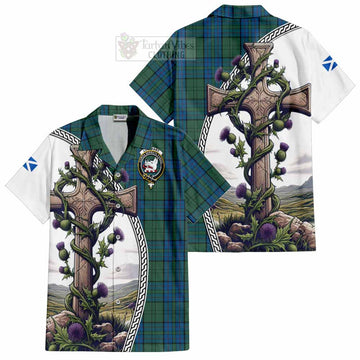 Lockhart Tartan Hawaiian Shirt with Family Crest and St. Andrew's Cross Accented by Thistle Vines Kid - Tartan Vibes Clothing