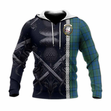 Lockhart Tartan Knitted Hoodie with Family Crest Cross Sword Thistle Celtic Vibes Unisex Knitted Pullover Hoodie - Tartan Vibes Clothing