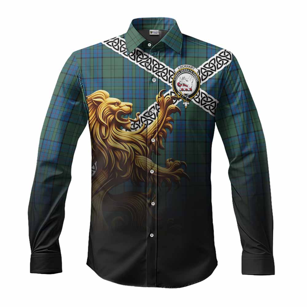 Lockhart Crest Tartan Long Sleeve Button Shirt with Golden Lion Emblem Celtic Style Men's Shirt S - Tartan Vibes Clothing