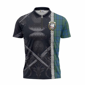 Lockhart Tartan Zipper Polo Shirt with Family Crest Cross Sword Thistle Celtic Vibes Unisex - Tartan Vibes Clothing