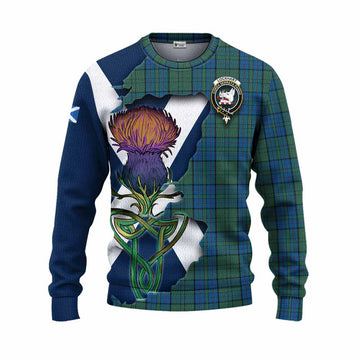 Tartan Vibes Clothing Lockhart Tartan Family Crest Knitted Sweater Scottish Thistle Celtic Inspired