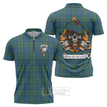 Lockhart Tartan Zipper Polo Shirt with Family Crest and Bearded Skull Holding Bottles of Whiskey Unisex - Tartan Vibes Clothing