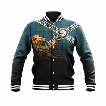 Tartan Vibes Clothing Lockhart Crest Tartan Baseball Jacket with Golden Lion Emblem Celtic Style