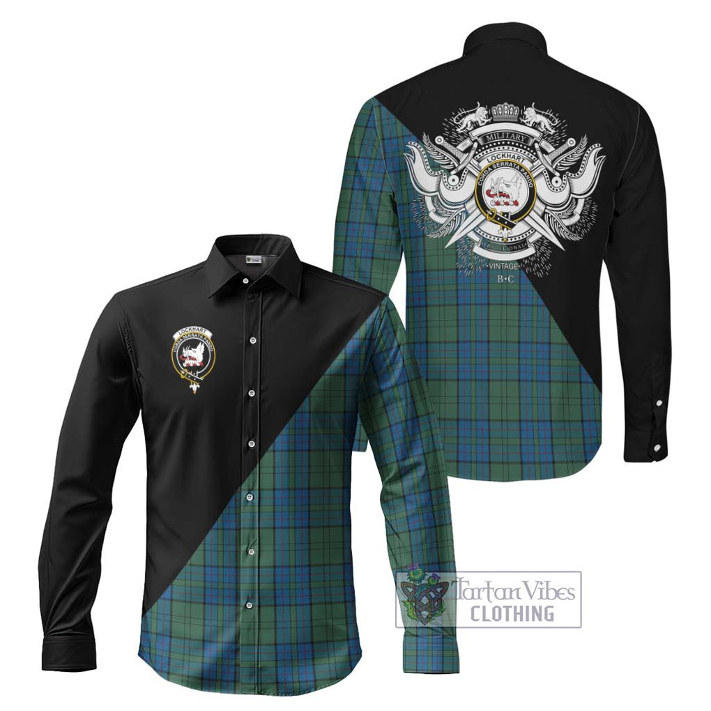 Lockhart Tartan Long Sleeve Button Shirt with Family Crest and Military Logo Style Men's Shirt S - Tartanvibesclothing Shop
