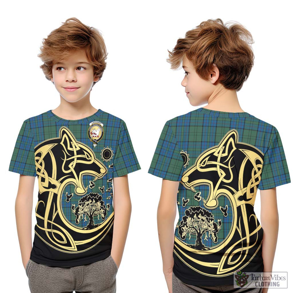 Lockhart Tartan Kid T-Shirt with Family Crest Celtic Wolf Style Youth XL Size14 - Tartan Vibes Clothing