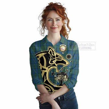 Lockhart Tartan Women's Casual Shirt with Family Crest Celtic Wolf Style Female - Tartan Vibes Clothing
