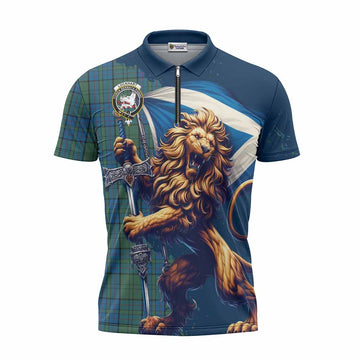 Lockhart Tartan Family Crest Zipper Polo Shirt with Scottish Majestic Lion Unisex - Tartan Vibes Clothing