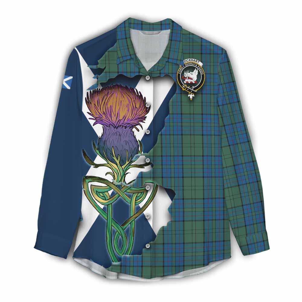 Tartan Vibes Clothing Lockhart Tartan Family Crest Women's Casual Shirt Scottish Thistle Celtic Inspired