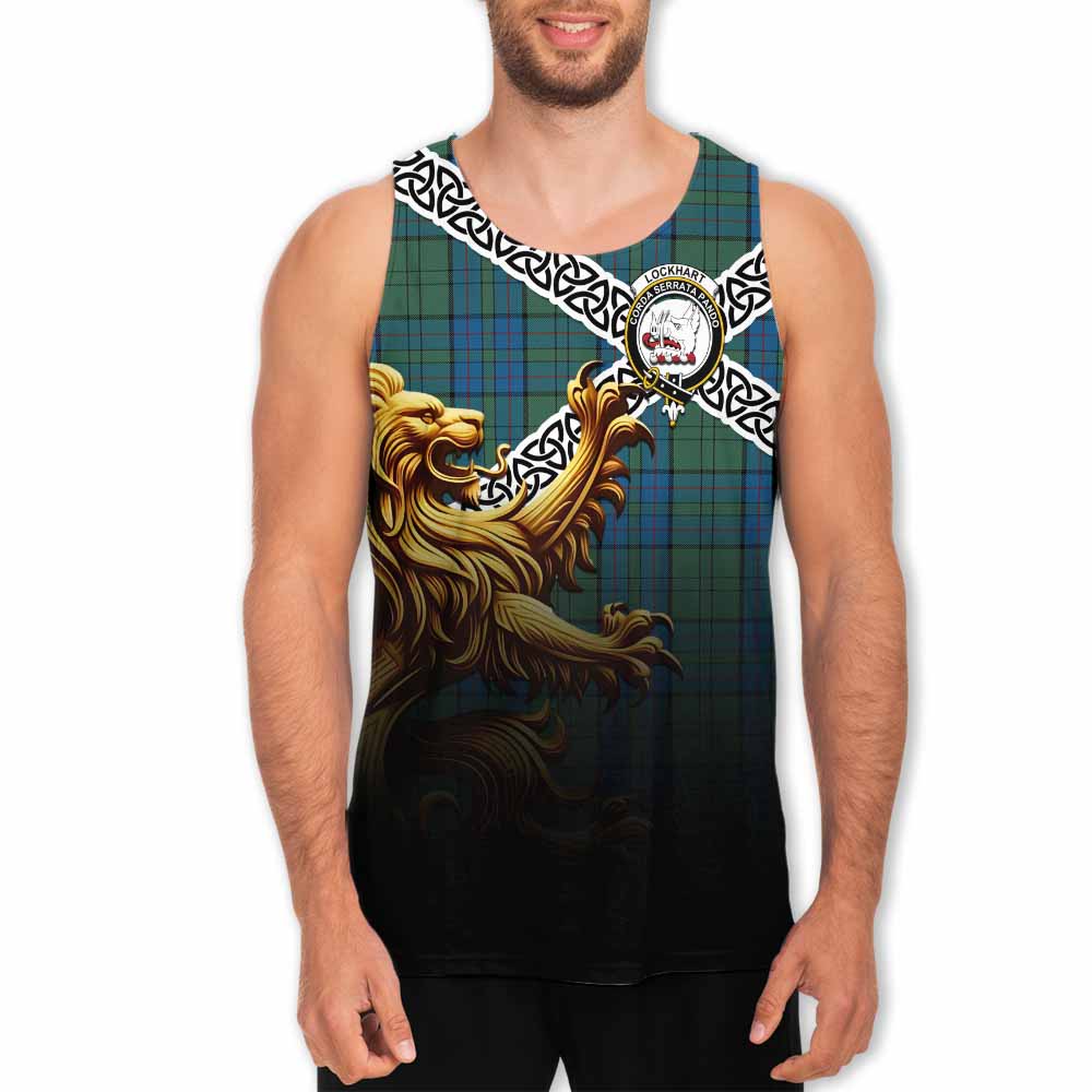 Lockhart Crest Tartan Men's Tank Top with Golden Lion Emblem Celtic Style Men - Tartan Vibes Clothing