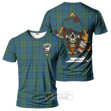 Lockhart Tartan T-Shirt with Family Crest and Bearded Skull Holding Bottles of Whiskey
