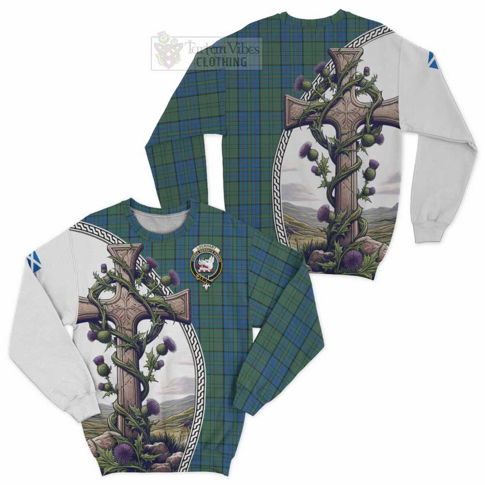 Lockhart Tartan Sweatshirt with Family Crest and St. Andrew's Cross Accented by Thistle Vines Unisex - Tartan Vibes Clothing