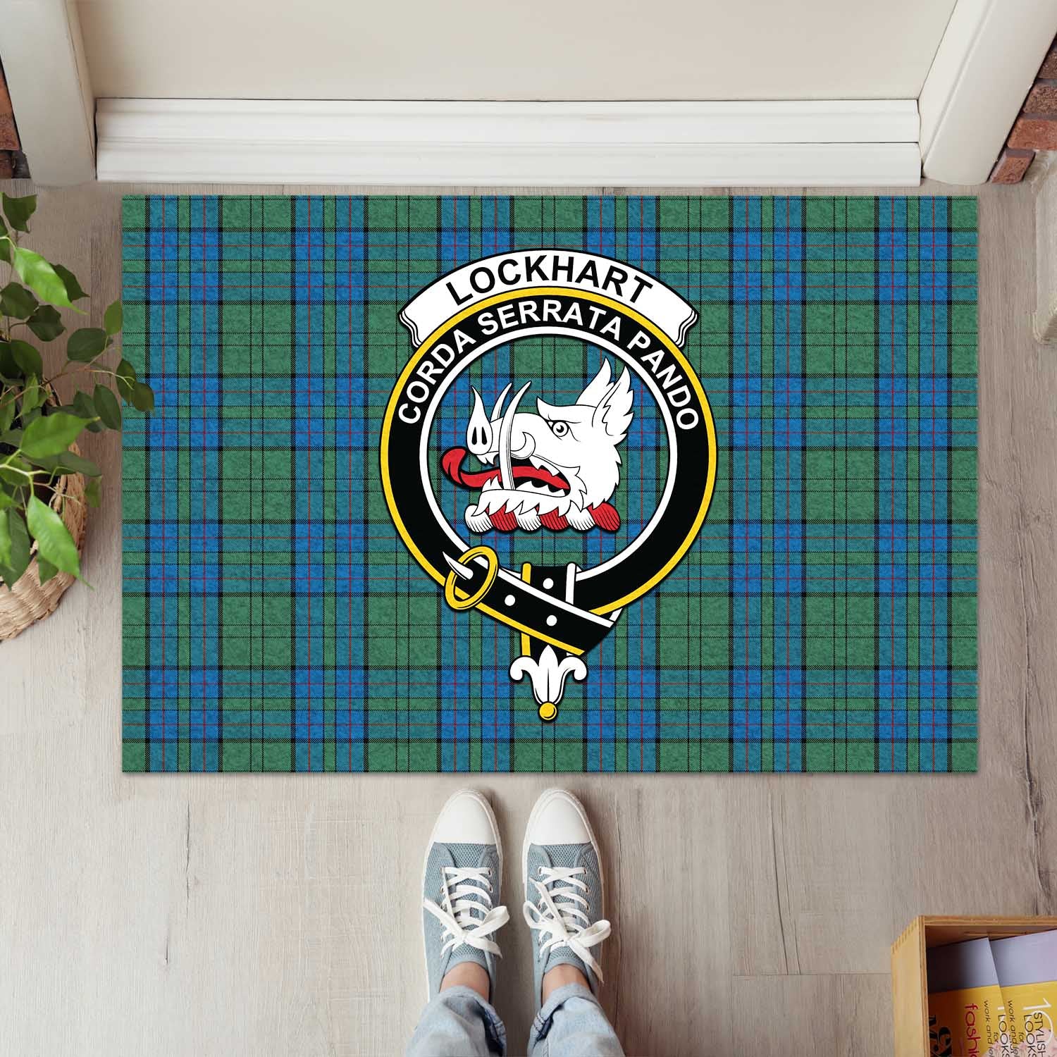 Lockhart Tartan Door Mat with Family Crest - Tartanvibesclothing