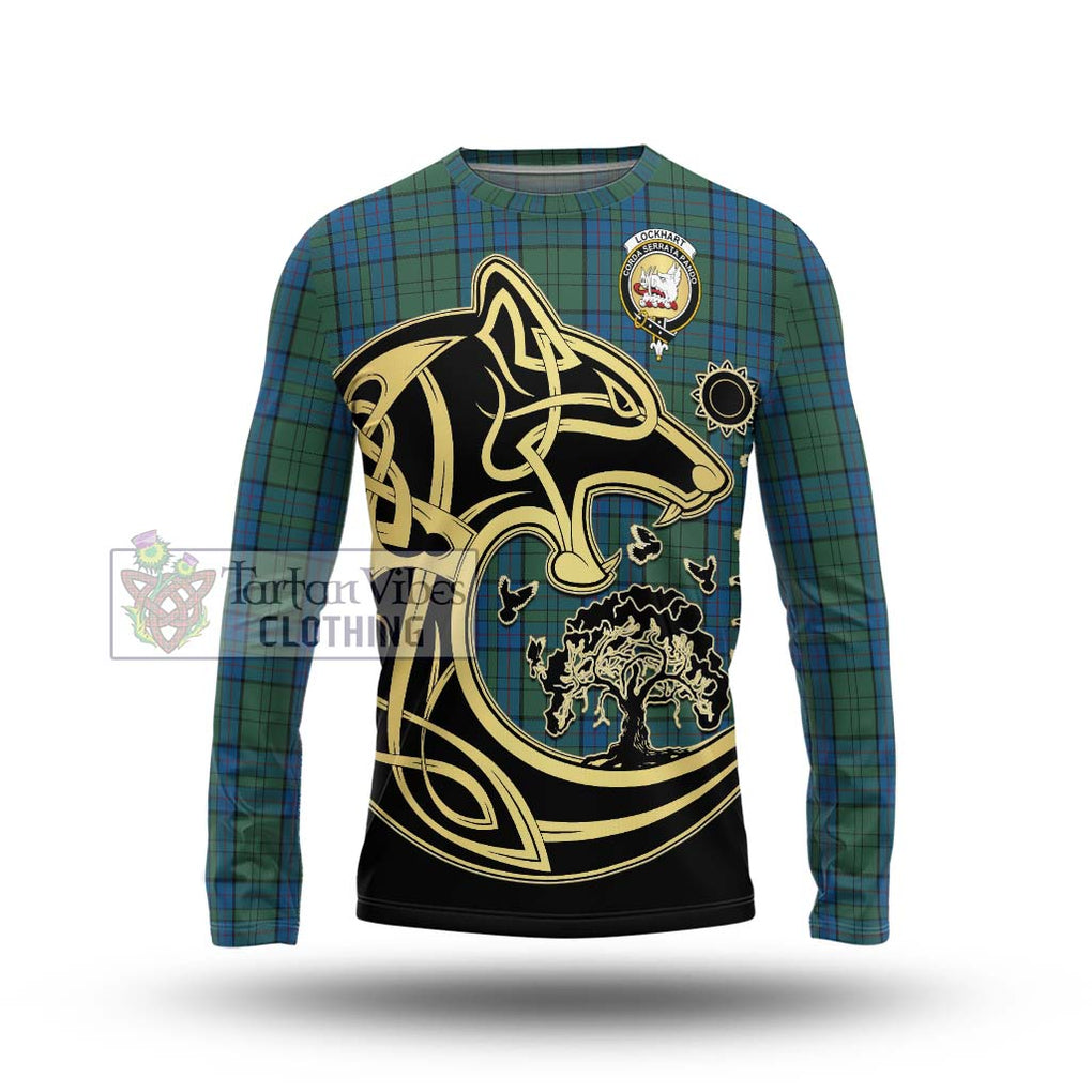 Lockhart Tartan Long Sleeve T-Shirt with Family Crest Celtic Wolf Style Unisex - Tartan Vibes Clothing