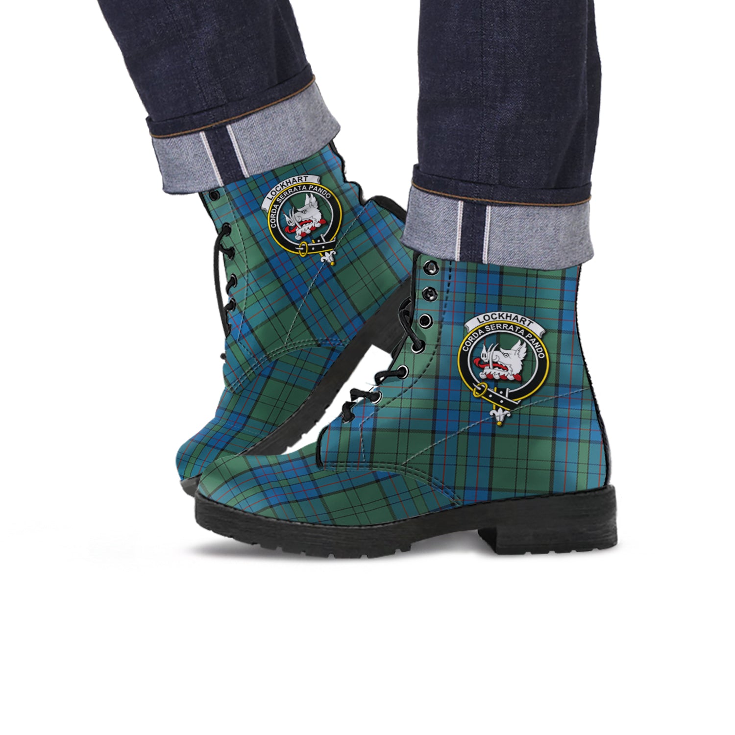 Lockhart Tartan Leather Boots with Family Crest Men' Boots - Tartan Vibes Clothing