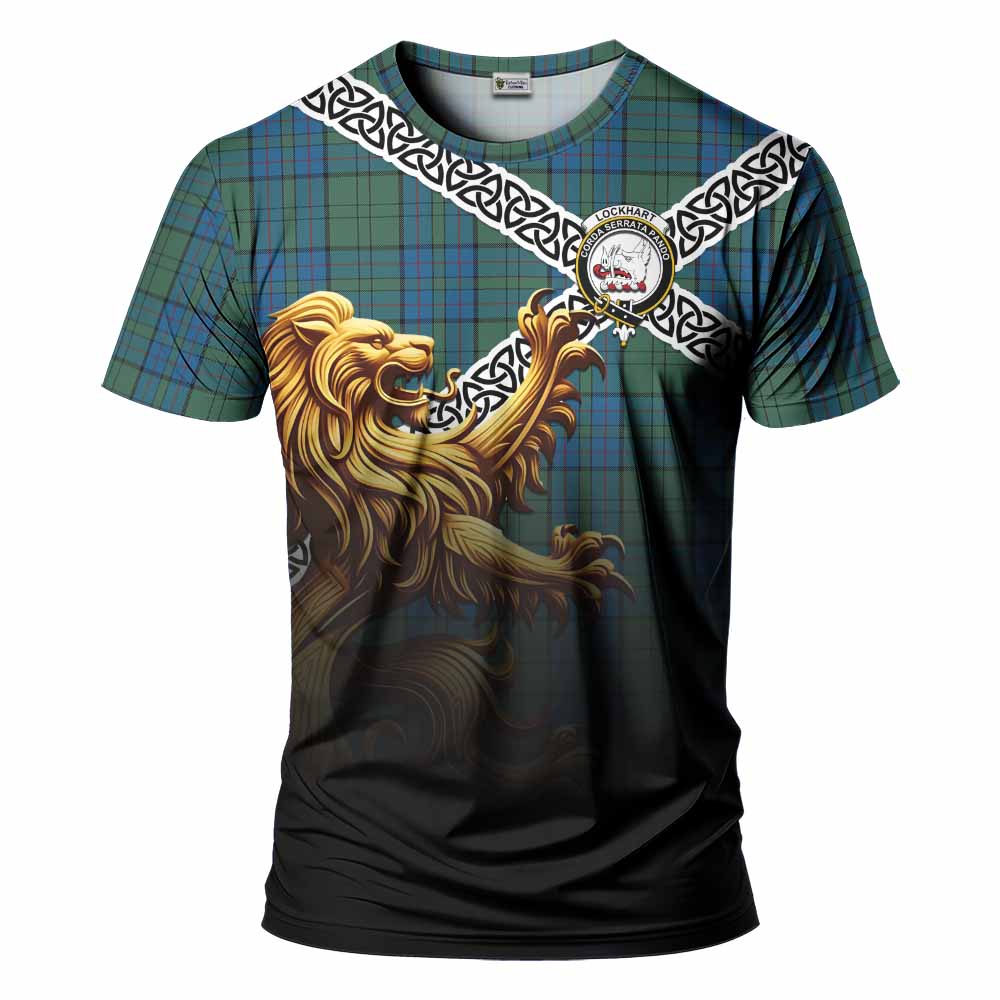 Tartan Vibes Clothing Lockhart Crest Tartan T-Shirt with Golden Lion Emblem Celtic Style