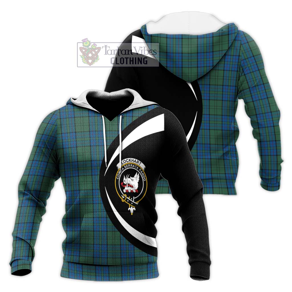 Lockhart Tartan Knitted Hoodie with Family Crest Circle Style Unisex Knitted Pullover Hoodie - Tartan Vibes Clothing