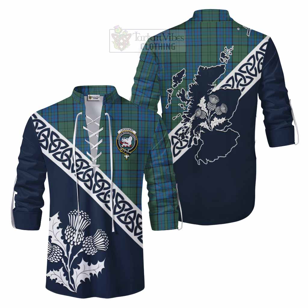 Lockhart Tartan Ghillie Kilt Shirt Featuring Thistle and Scotland Map Men - Tartan Vibes Clothing