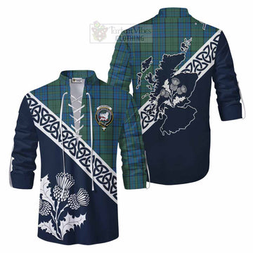 Lockhart Tartan Ghillie Kilt Shirt Featuring Thistle and Scotland Map Men - Tartan Vibes Clothing