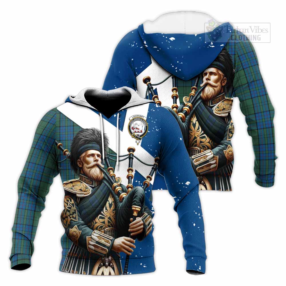 Lockhart Tartan Knitted Hoodie with Family Crest Scottish Bagpiper Vibes Unisex Knitted Pullover Hoodie - Tartan Vibes Clothing