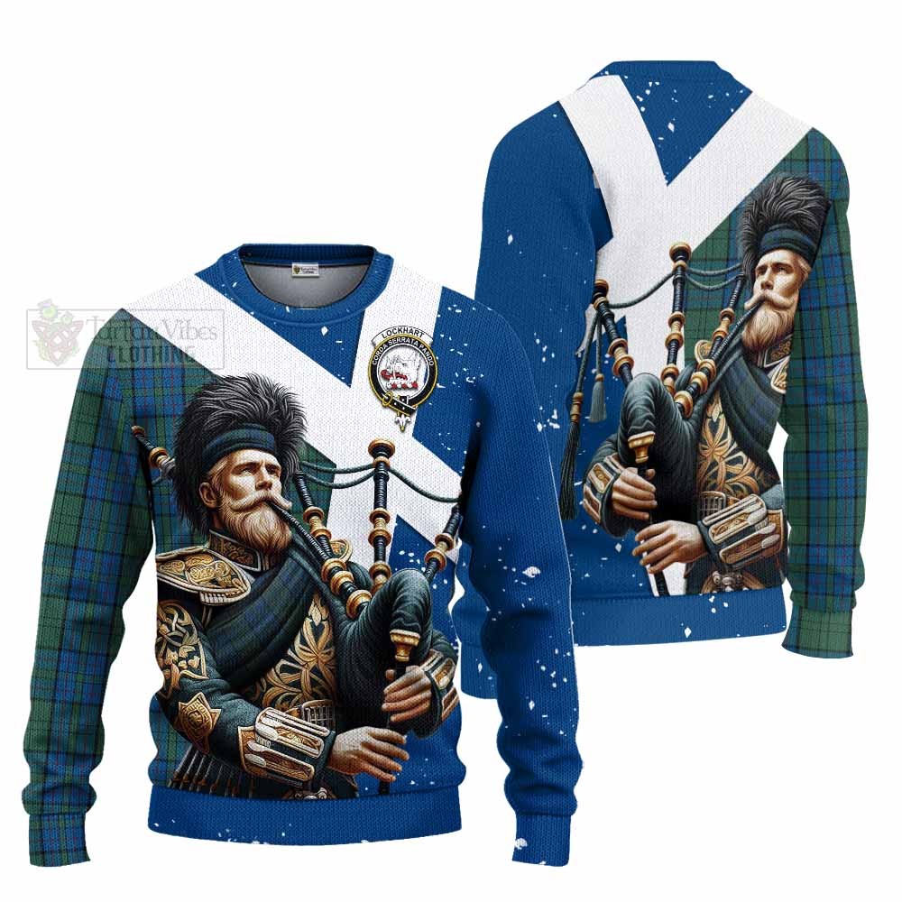 Lockhart Tartan Knitted Sweater with Family Crest Scottish Bagpiper Vibes Unisex - Tartan Vibes Clothing