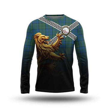 Lockhart Crest Tartan Long Sleeve T-Shirt with Golden Lion Emblem Celtic Style Unisex - Tartan Vibes Clothing