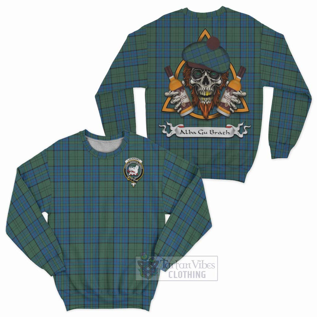 Lockhart Tartan Sweatshirt with Family Crest and Bearded Skull Holding Bottles of Whiskey Unisex - Tartan Vibes Clothing