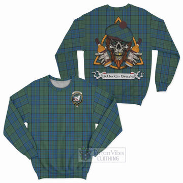 Lockhart Tartan Sweatshirt with Family Crest and Bearded Skull Holding Bottles of Whiskey Unisex - Tartan Vibes Clothing